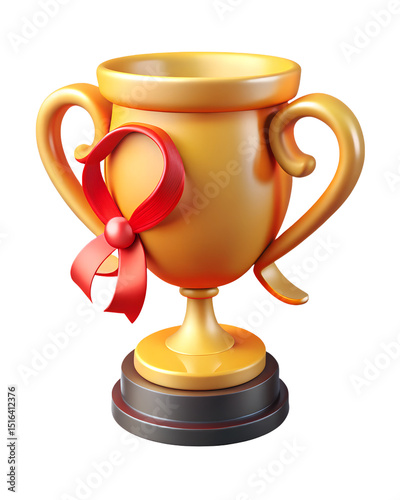 Gleaming golden trophy design with a red ribbon symbolizing achievement and victory 3d rendering plastic-style icon solated on transparent background
