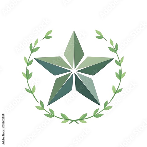 A symbolic star design featuring gray to green gradient tones, encircled by intricate leaf patterns around the edges. A minimal and elegant composition with a natural and harmonious feel