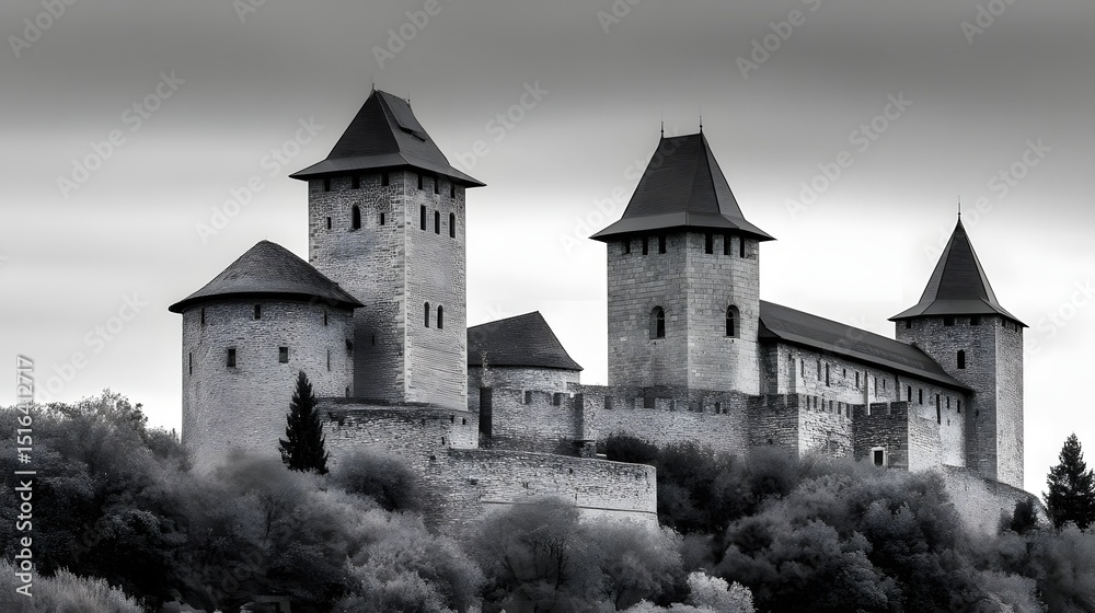 Fototapeta premium Dramatic medieval castle on a forested hillside with a brooding sky.