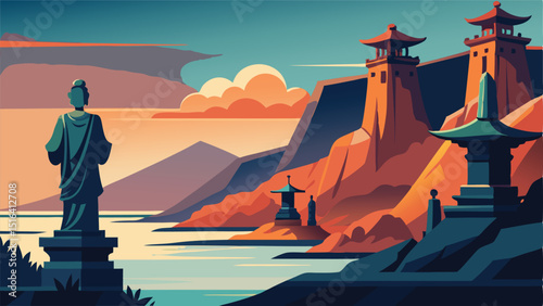 Japanese landscape art with buddha statue and pagoda towers