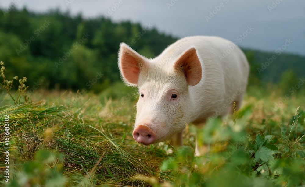 Foraging Pig Enjoys a Sunny Day Under Blue Skies and Fluffy Clouds in a Lush Green Meadow Foraging Pig Enjoys a Sunny Day Under Blue Skies and Fluffy Clouds in a Lush Green Meadow