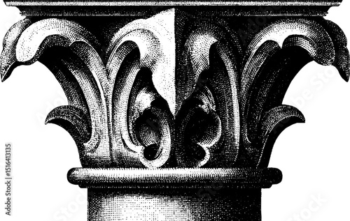 Engraved illustration of gothic column capital design for architectural study and art projects