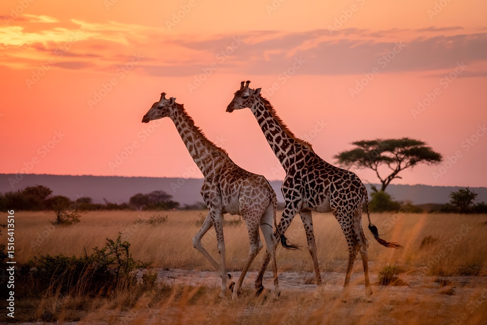 Obraz premium Two giraffes walking at sunset in african savanna