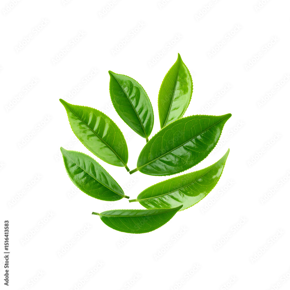 Obraz premium Vibrant green tea leaves isolated on eco leaf food on transparent background