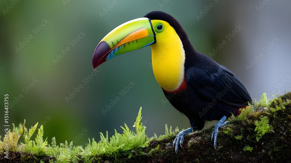 Obraz premium Vibrant toucan perched on mossy tree in lush rainforest