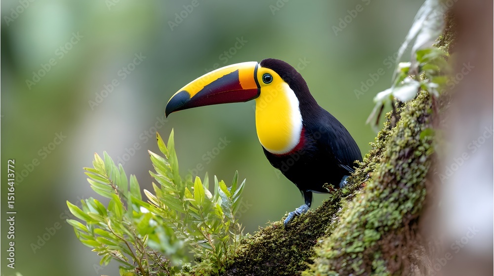 Fototapeta premium Vibrant toucan perched on a mossy tree in the rainforest