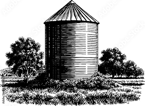 Engraved grain silo illustration with rural landscape and trees
