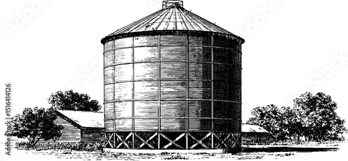 Detailed engraved illustration of a rustic grain silo in a countryside setting