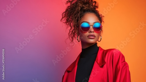 A striking fashion portrait of a model wearing sunglasses and a vibrant red jacket, set against a colorful gradient background, showcasing modern style and confidence.