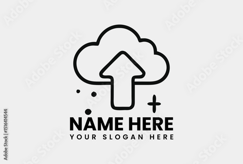 Simple outline drawing of a cloud with an upward arrow, signifying data upload to cloud storage. Technology concept