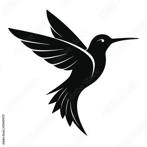 A black silhouette of a hummingbird in flight depicting elegance and grace against a white background