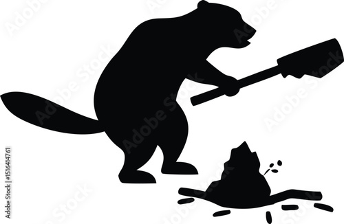 A black silhouette design of a beaver constructing a dam illustrated as a vector on a white background