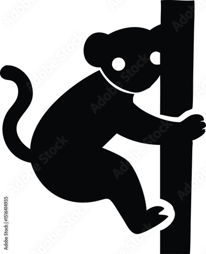 A black vector silhouette depicting a koala climbing a tree with leaves and branches in a detailed composition