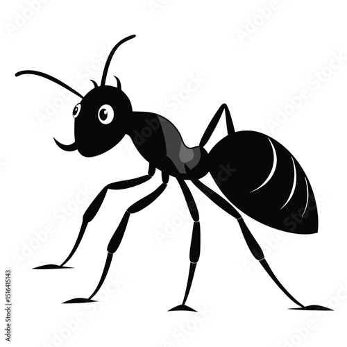 A detailed black and white illustration of an ant posing on a plain white background for design elements