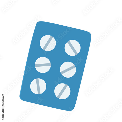 Flat icon of a blue blister pack containing white pills, representing medication and pharmaceutical use
