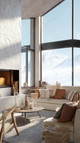 Modern living room interior with fireplace, comfortable sofa, wooden accents, and scenic mountain view through large windows, creating cozy atmosphere.
