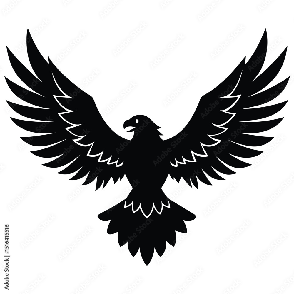 Fototapeta premium A majestic black silhouette of an eagle with wide-spread wings on a clean white background.