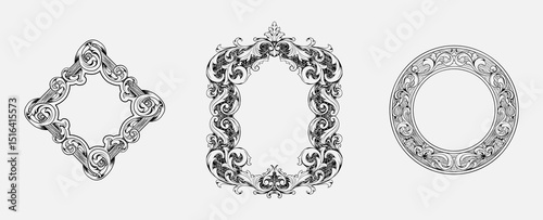 set of hand drawn black and white ornamental engraved square and circle frames in vintage style