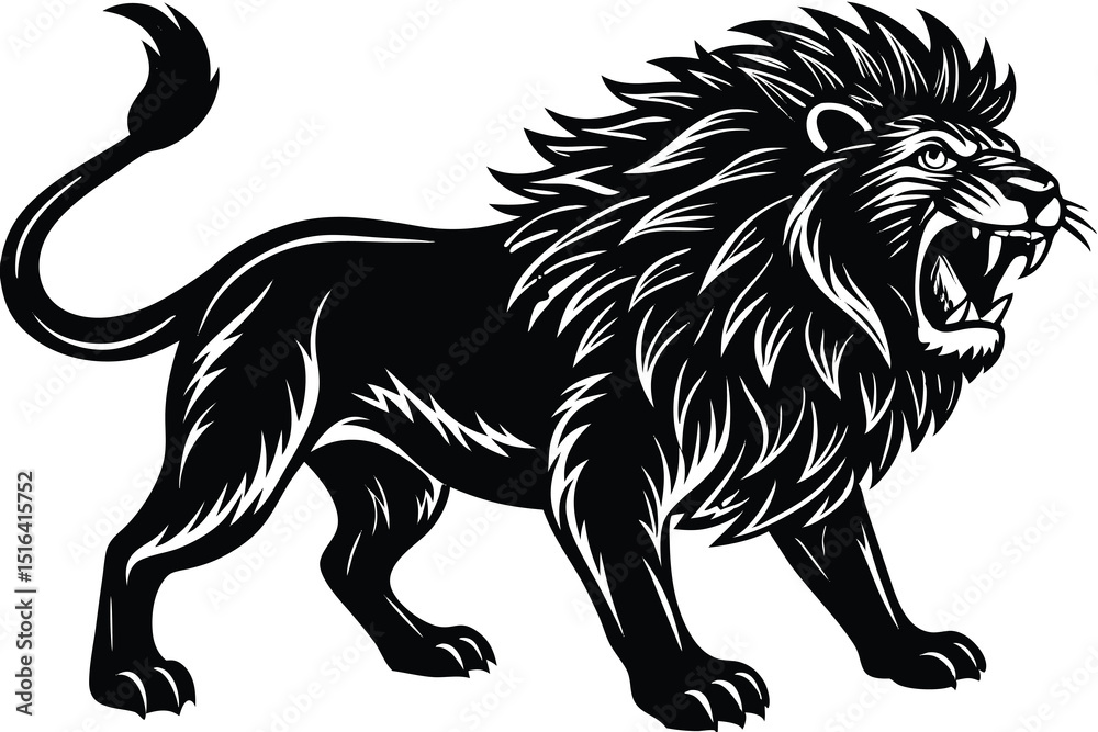 Fototapeta premium A powerful silhouette of a roaring lion depicted in a bold black and white artistic vector illustration