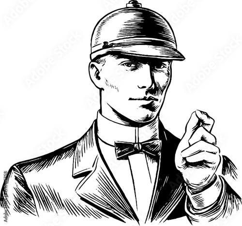 Vintage engraving of hotel bellhop in uniform - classic elegance and hospitality concept