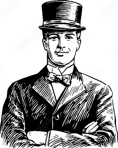 Vintage hotel concierge in formal attire engraving for design and decor