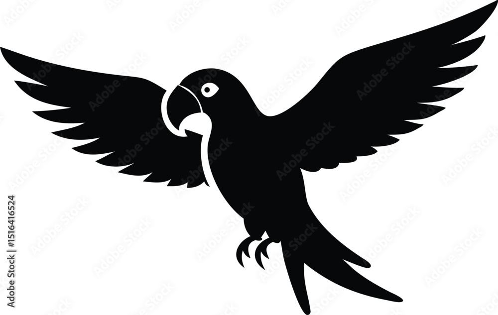 Fototapeta premium A striking black silhouette vector design featuring a macaw with wings outspread depicted with transparency