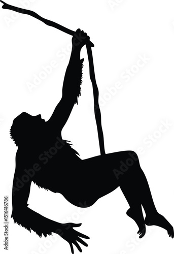 A vector illustration of a black orangutan swinging silhouette designed on a white background for creative projects.