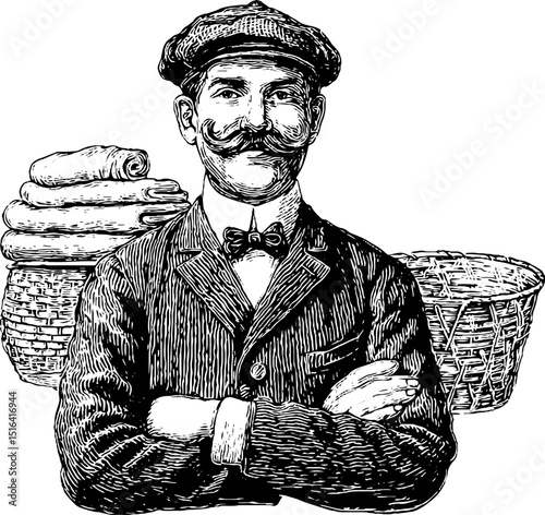 Vintage laundry attendant with mustache and baskets in black and white engraving - retro design for historical themes