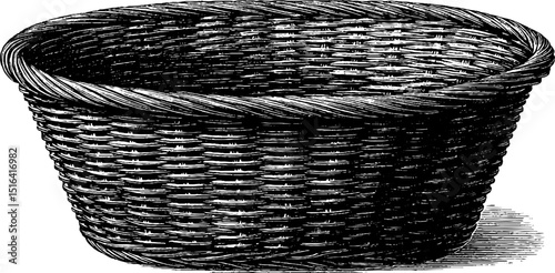 Vintage engraving of a wicker laundry basket for home decor and design