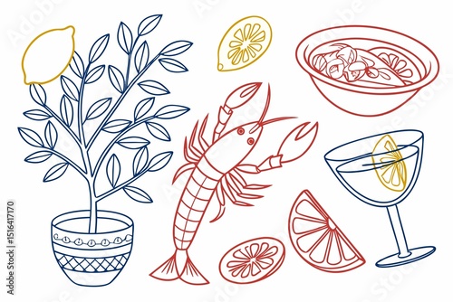 Italian doodle food. Summer sea food. Lemon Italian Amalfi beach sketch. Doodle wine cocktail, lobster, sardines. Vector summer sea beach illustration