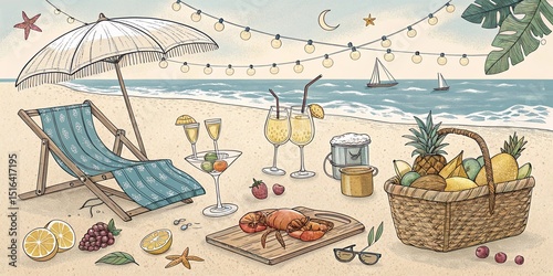 Italian summer vacation doodle style illustrations. Vector ink hand drawn Italy coast sea, lemons, wine and food elements. Sea weekend evening rest prints for invitation card to beach party or picnic