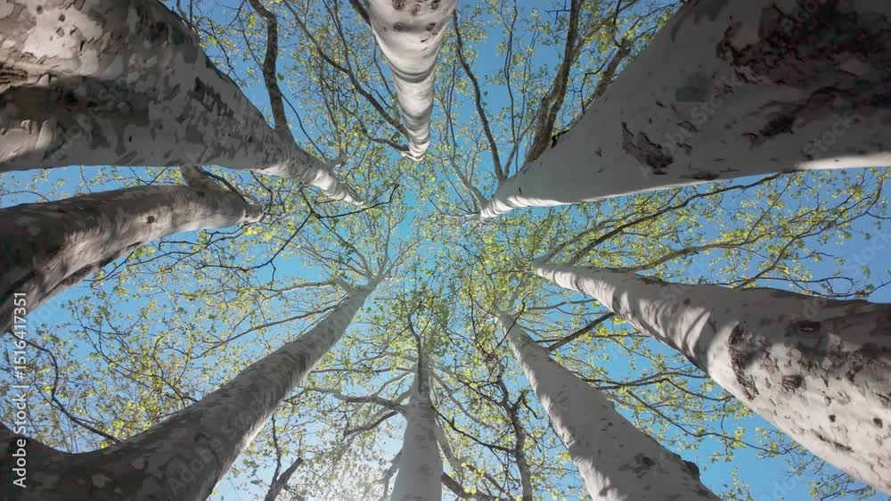 Many trunks of plane trees on a blue sky background, camera rotates inside a multi-trunked tree, backlit by the sun, view from below
