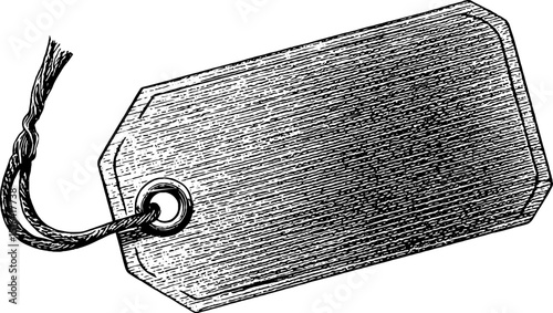 Engraved illustration of vintage luggage tag with bold black design. Detailed retro sketch featuring rope handle, decorative label, and classic textured engraving.
