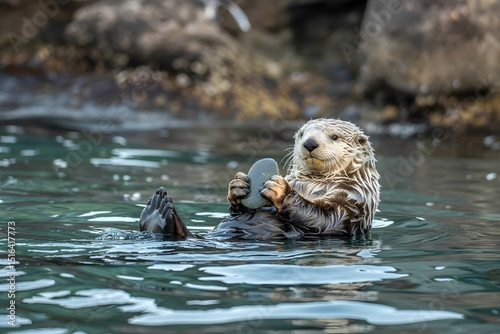 Sea otter holding a stone in calm water