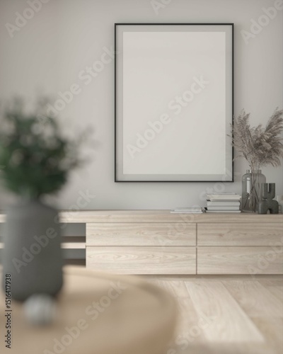 Blank poster frame mockup on living room wall highlights modern interior design, stylish furniture and apartment home decoration for creative inspiration. 3D render
