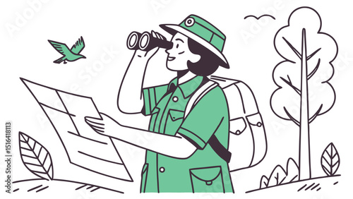 Forest Ranger with Map and Binoculars — Flat Vector Explorer Theme