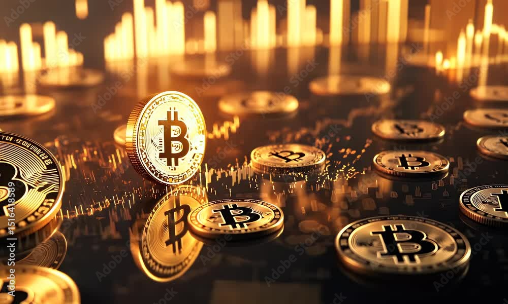  Shiny Bitcoin coins with glowing cryptocurrency market chart background. Perfect visual for blockchain, finance, crypto trading, and digital investment themes.