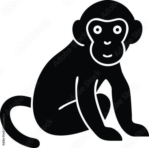 Black silhouette design of a chimpanzee in a sitting position suitable for prints and other design projects