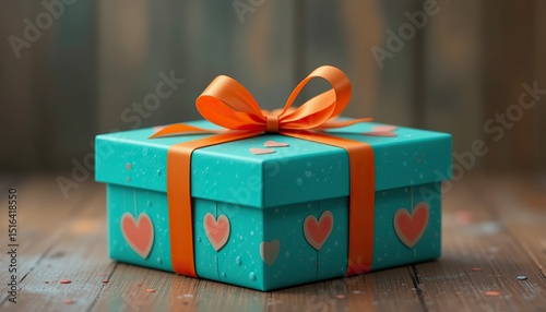 Turquoise Gift Box with Orange Ribbon and Heart Accents on Wooden Surface