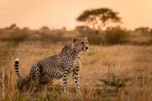 African cheetah in golden sunset savanna