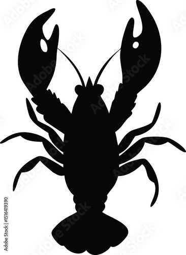 Black silhouette of a lobster with raised claws in a vector design illustration isolated