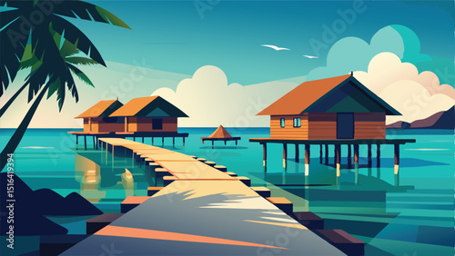 Tropical island resort overwater bungalows beach vacation scene