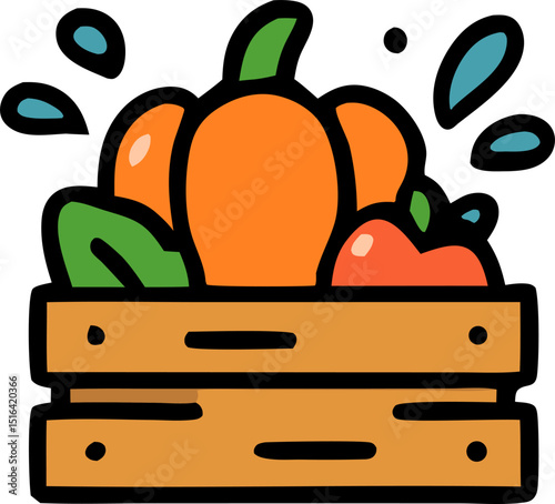 Fresh produce highlighted in a wooden crate with a pumpkin and an apple. Perfect for food blogs, grocery store promotions, and foodrelated designs.