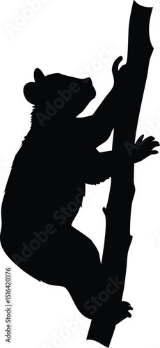 Black silhouette vector design of a koala climbing a tree presented on a white background illustration.