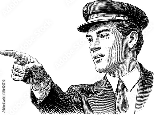 Vintage engraved illustration of a parking attendant in uniform pointing