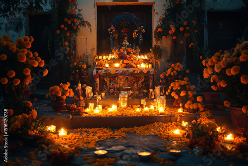 Evening Street Altar with Flickering Candles and Marigolds Honoring Ancestors on Dia de los Muertos