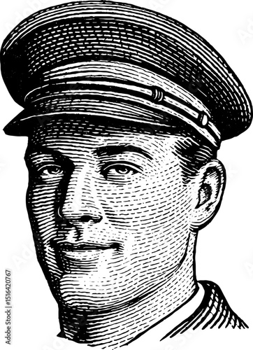 Vintage engraved illustration of a parking attendant in uniform