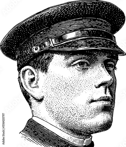 Engraved illustration of a vintage parking attendant in uniform
