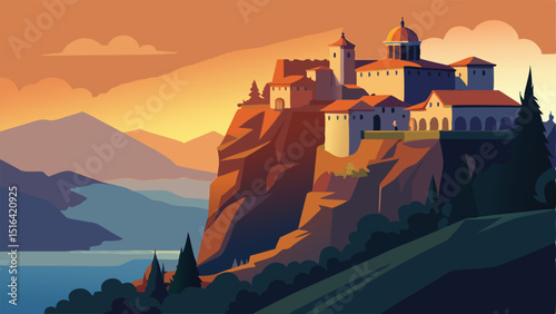 Castle landscape illustration hilltop village sunset scenery art