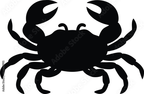 Black silhouette vector illustration of a crab walking on a white background featuring a minimalist and transparent design.